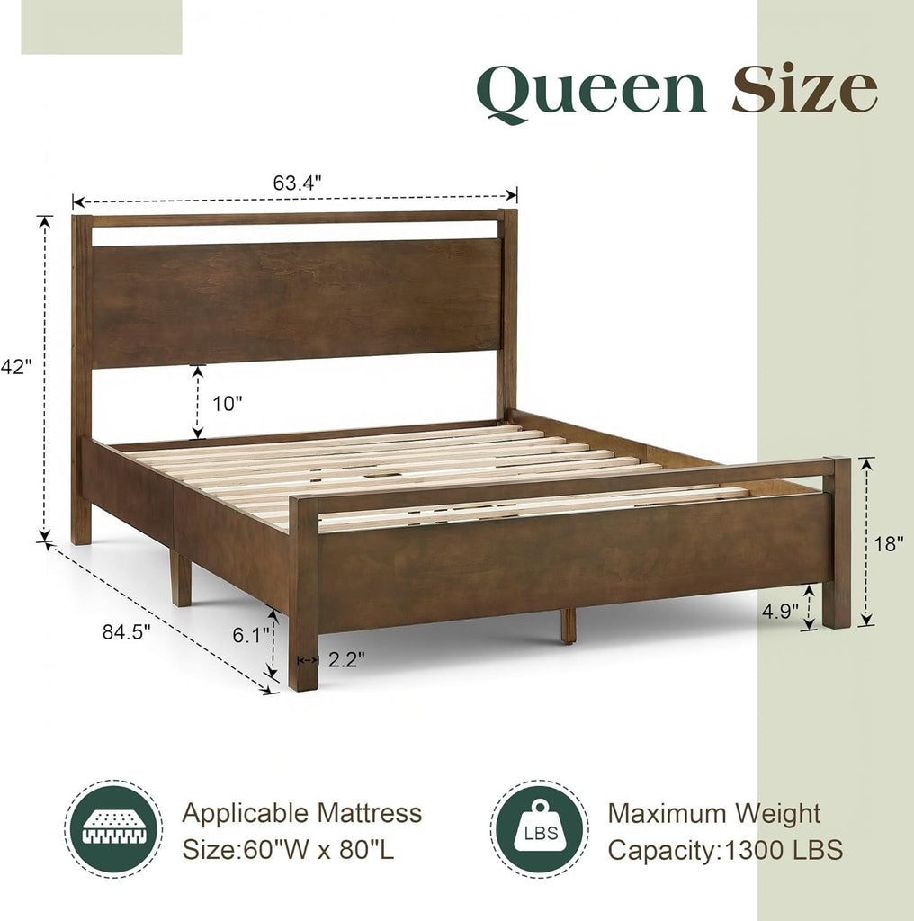 Queen Solid Wood Bed Frame with Headboard, Minimalist Platform Bed with Wooden Slats Support/No Box Spring