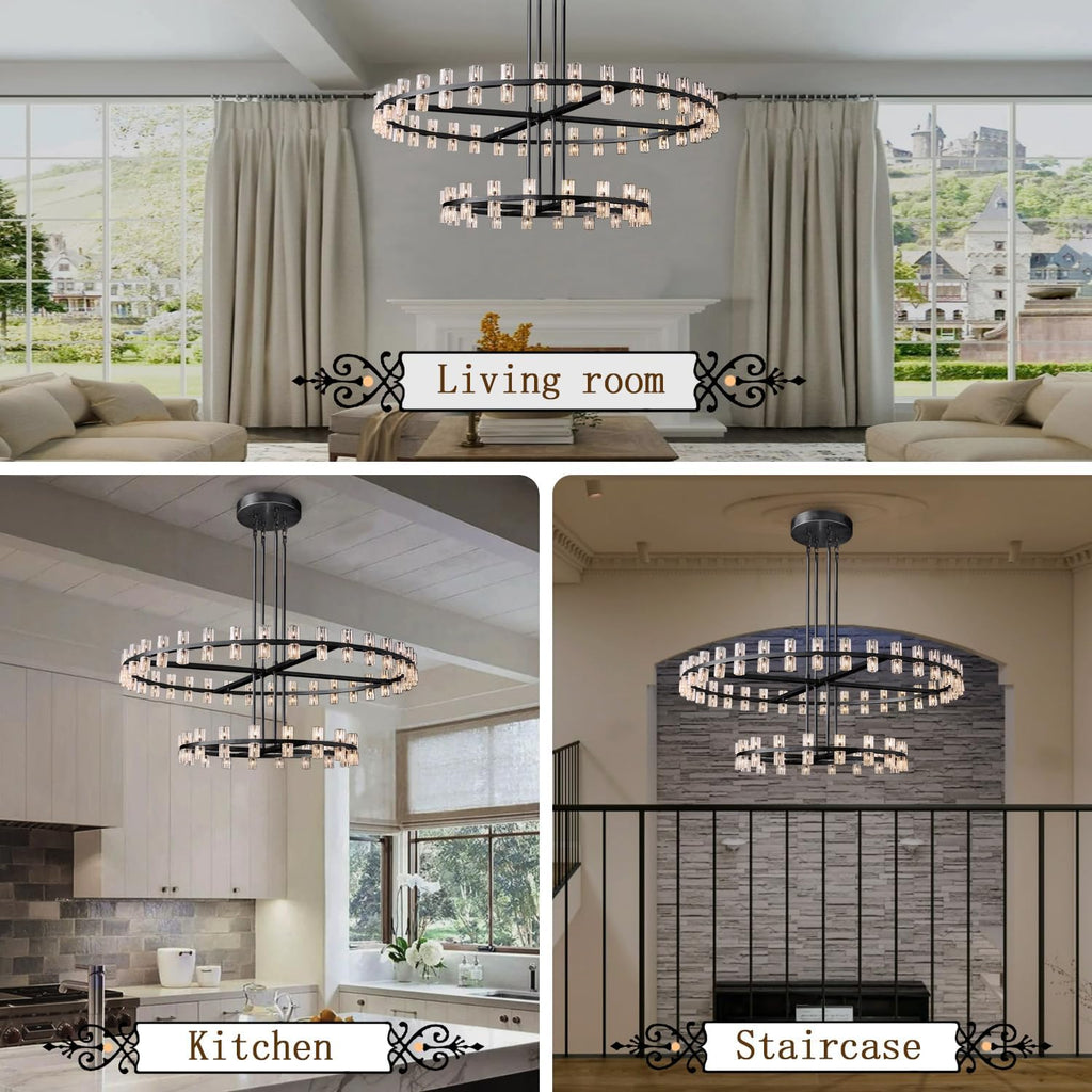 Inspired Arcachon Style 2-Tier Round Wagon Wheel Chandelier, 32" + 40" 72-Light Black — Foyer, Great Room & Dining