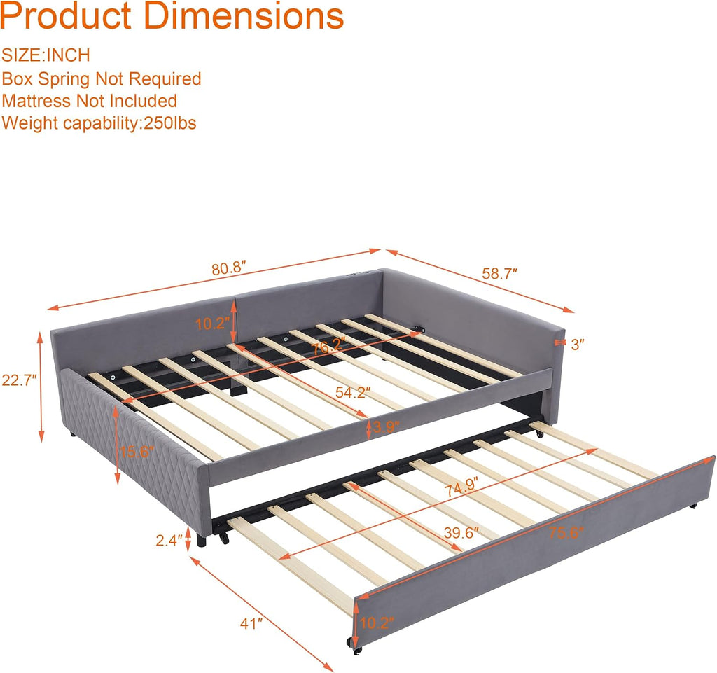 Full Size Daybed with Trundle,Velvet Upholstered Day Bed Frame Full with USB Port and Solid Wood Slat Support,L