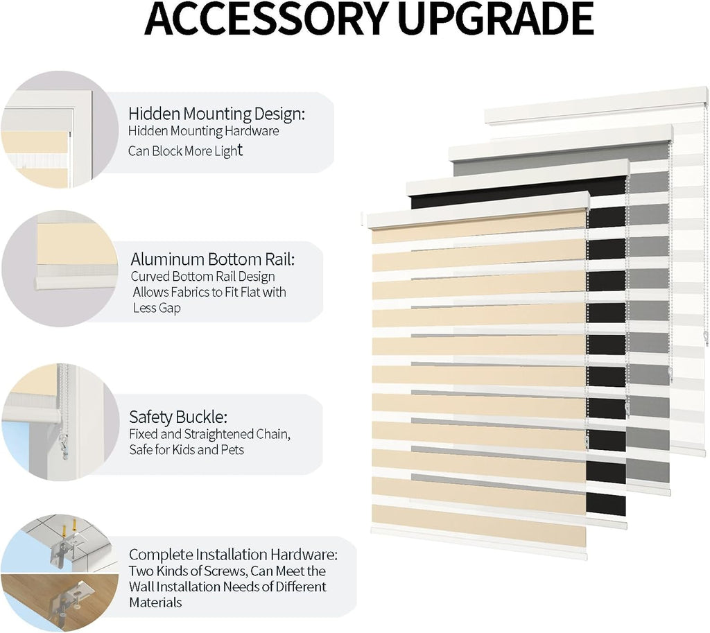 Zebra Blinds for Windows (34" W x 72" H, Light Brown) Zebra Roller Window Shades, Corded Dual Layer Light Filtering