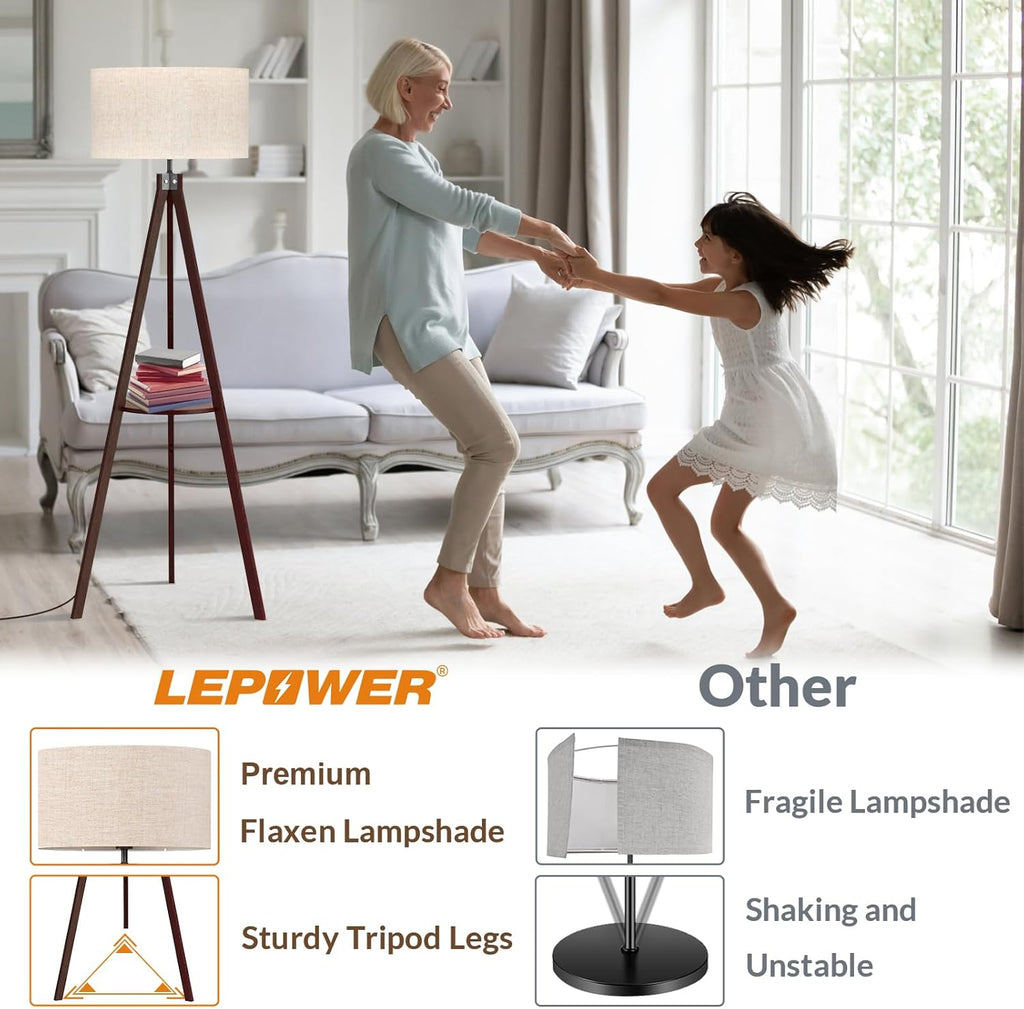 Tripod Floor Lamp, Mid Century Wood Standing Lamp, Modern Design Shelf Floor Lamp
