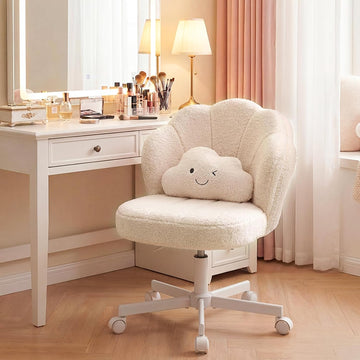 Vanity Chair with Wheels, Cute Desk Chair for Girls Women, Upholstered Home with Backrest, Height Adjustable