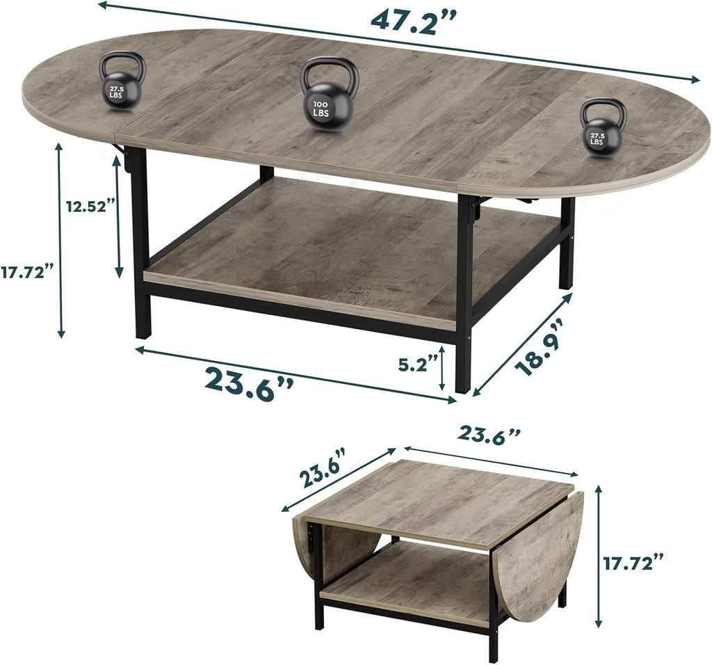 Folding Coffee Tables 2-Tier Extended Coffee Table with Storage Vintage Farmhouse Center Table for Large or Small