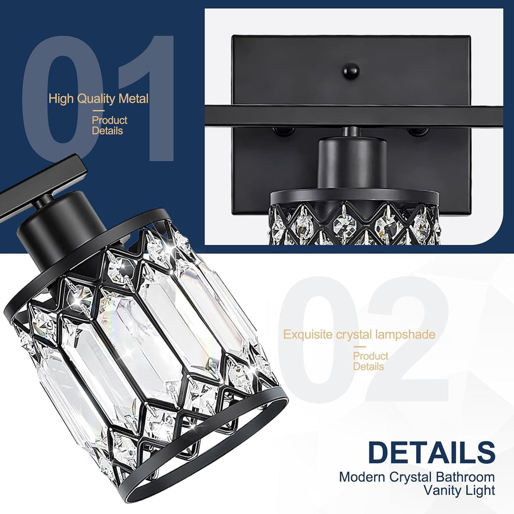 Crystal Modern Bathroom Light Fixtures, 3-Light Black Bathroom Vanity Wall Light, Vanity Lights for Mirror, Restroom