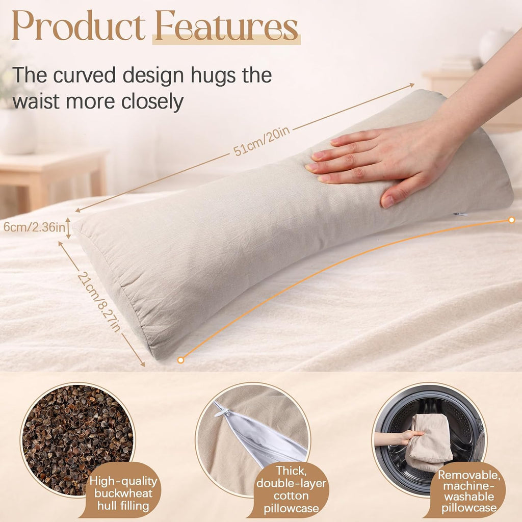 Buckwheat Lumbar Support Pillow for Bed Sleeping, Ergonomic Curved Neck Waist Pillow for Lower Back Pain Relief