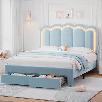 Full Upholstered LED Bed Frame with 2 Storage Drawers and Adjustable Chic Double Wavy Headboard, Velvet Princess