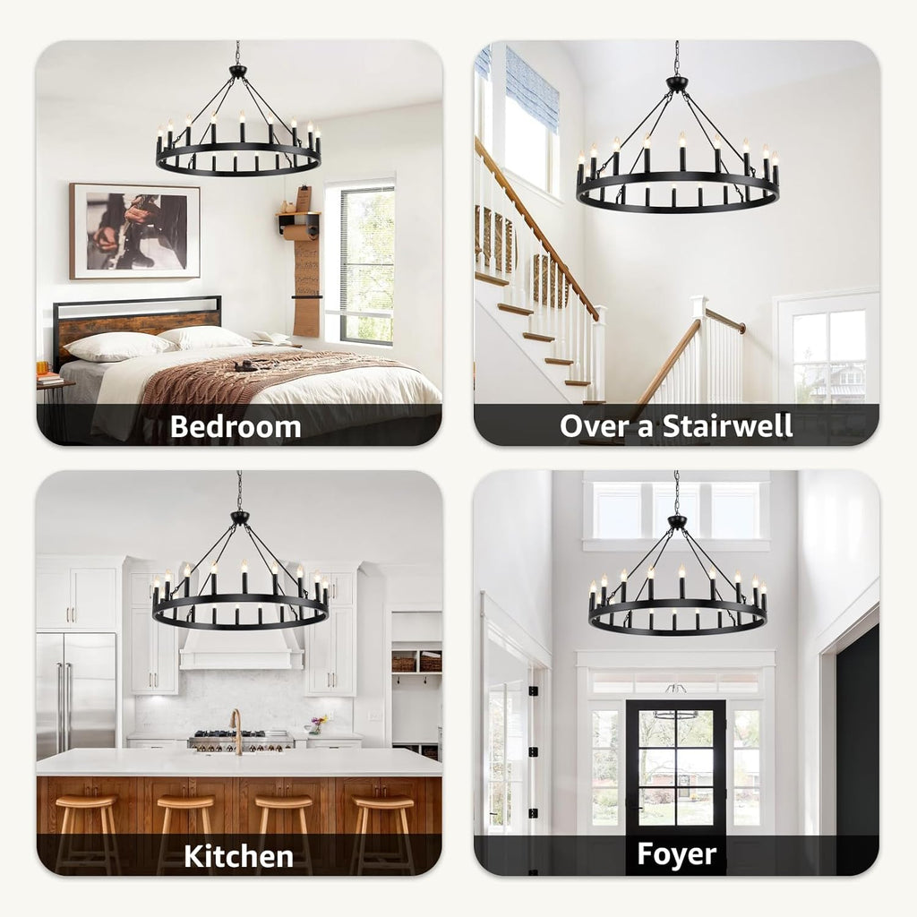 Wagon Wheel Chandeliers 40" 20-Light, Black Modern Farmhouse Chandelier with Adjustable Height