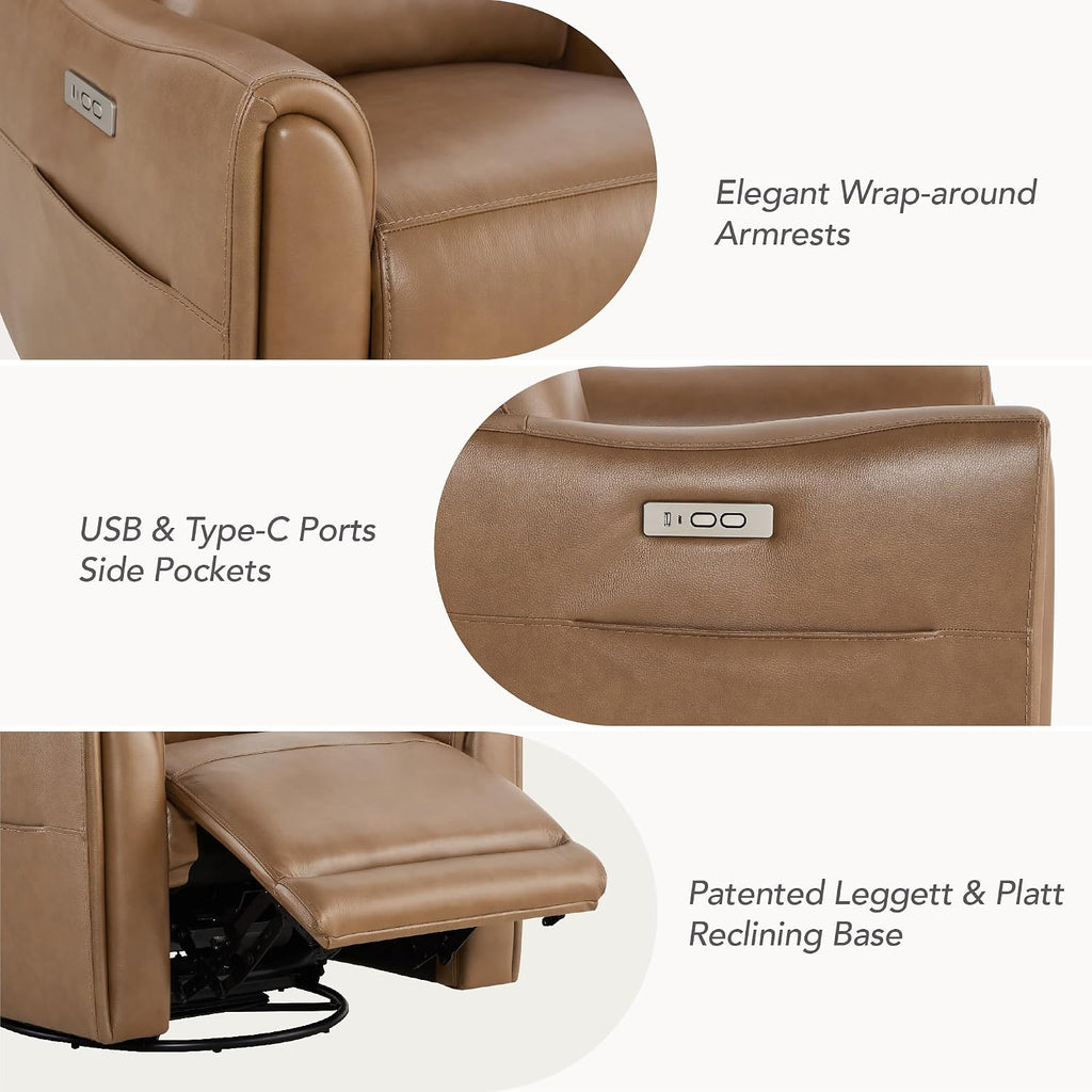 Genuine Leather Power Recliner Chairs for Adults, Swivel Glider Recliner Chair with Charging Ports, Saddle
