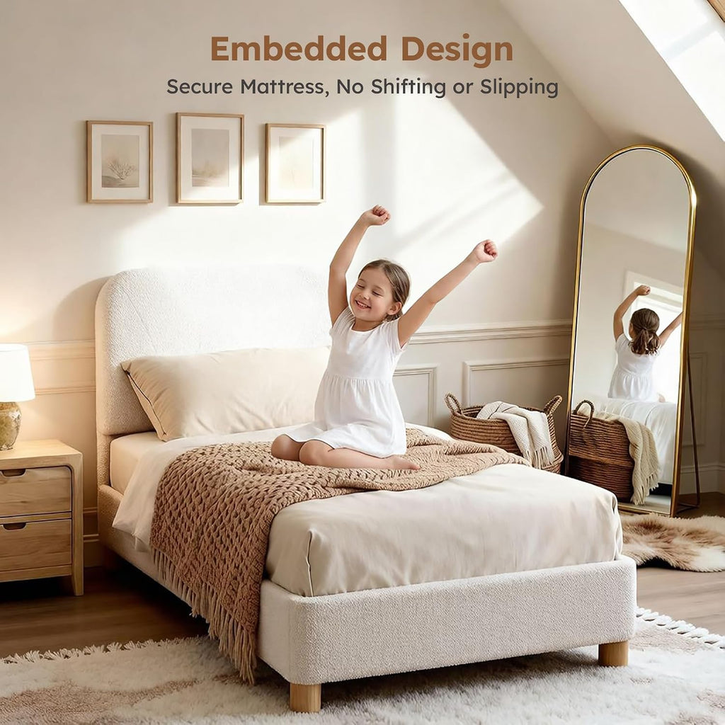 Twin Size Cloud Platform Bed for Kids, Soft Boucle Toddler Bed Frame, Cream | Adjustable Padded Headboard, Rounded