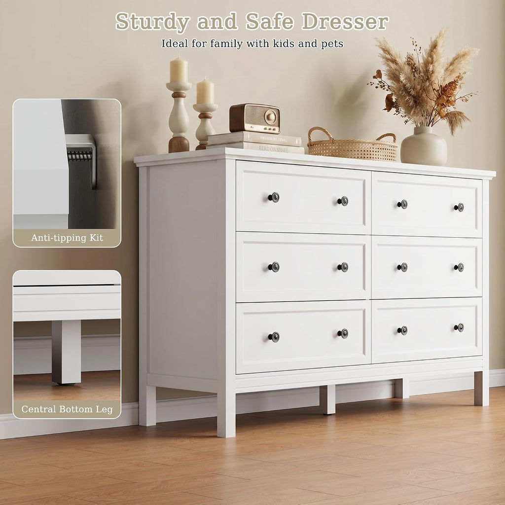 White Dresser , 6 Drawer Dresser with Wide Drawer and Metal Handles, Wood Dressers & Chests of Drawers .
