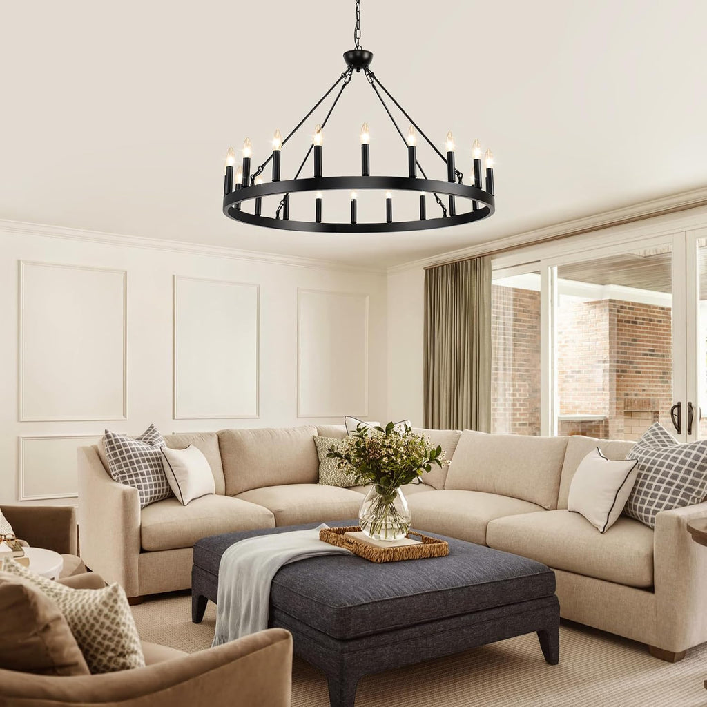 Wagon Wheel Chandeliers 40" 20-Light, Black Modern Farmhouse Chandelier with Adjustable Height