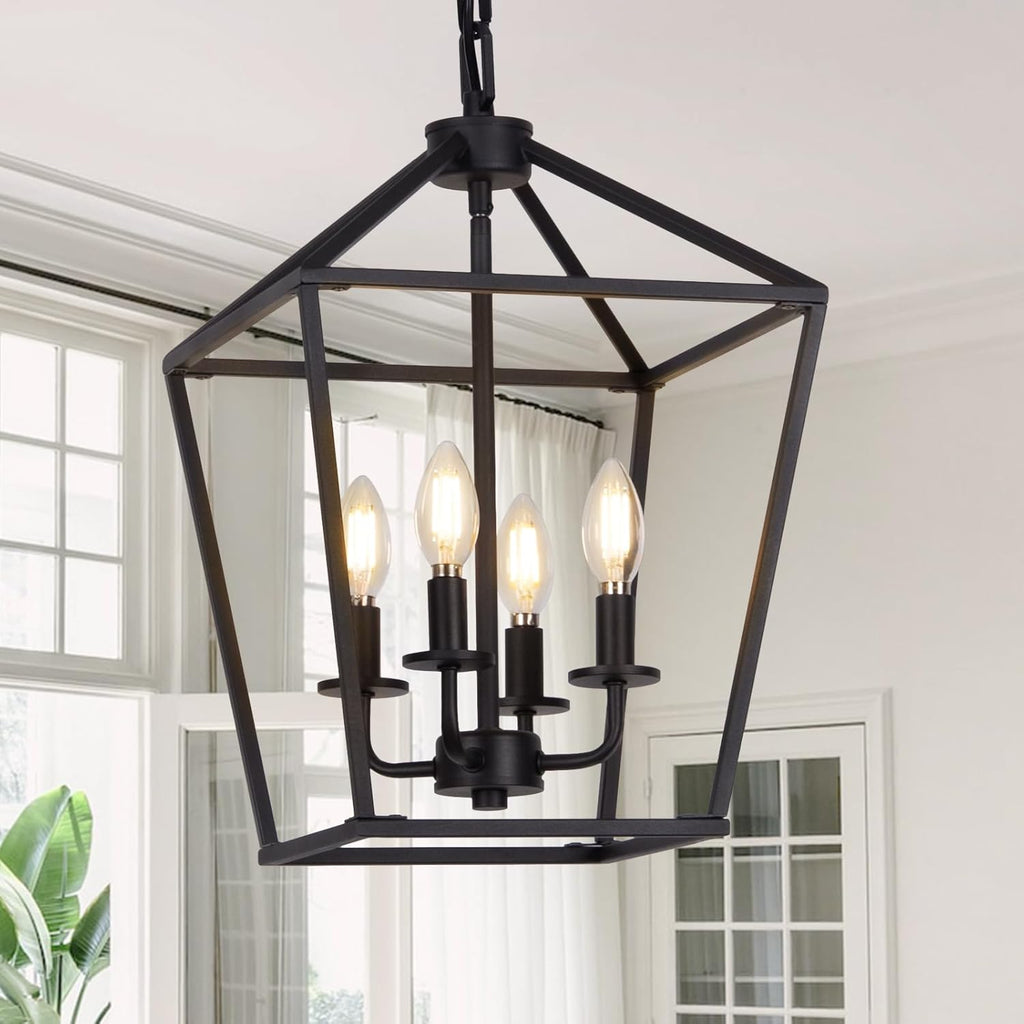 4 Light Chandelier, Industrial Ceiling Light Black Lantern Light Fixtures with Farmhouse Metal Cage Adjustable Height Rustic Geometric Hanging Light E12 Base for Kitchen Island, Entryway, Indoor A128-B092928YVL