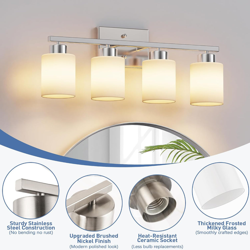 4-Light Brushed Nickel Bathroom Light Fixtures, Modern Vanity Light Over Mirror Lighting, Wall Sconce with Frosted