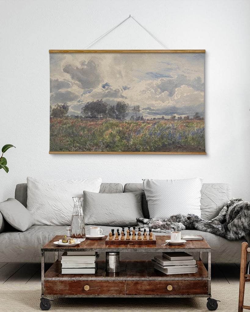 Extra Large Vintage Framed Wall Art, 36x54 Inch Farmhouse Retro Watercolor Sky Field Landscape Hanging Wall Art