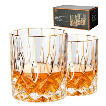 Gold Rim Whiskey Glasses Set of 2, Crystal Old Fashioned Glasses-Luxury Gold Collection, Perfect for Scotch Bourbon