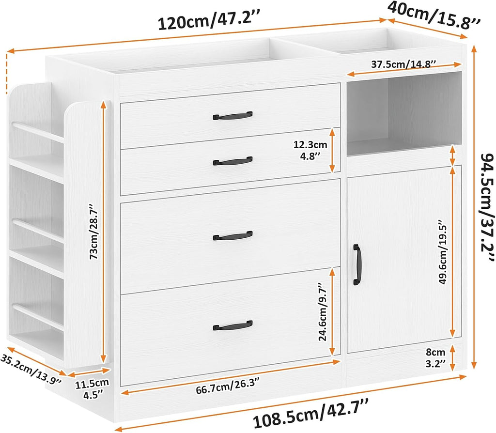 Changing Table Dresser, Baby Nursery Dresser with 4 Drawers & 1 Cabinet & 3 Open Shelves Storage, Modern Diaper