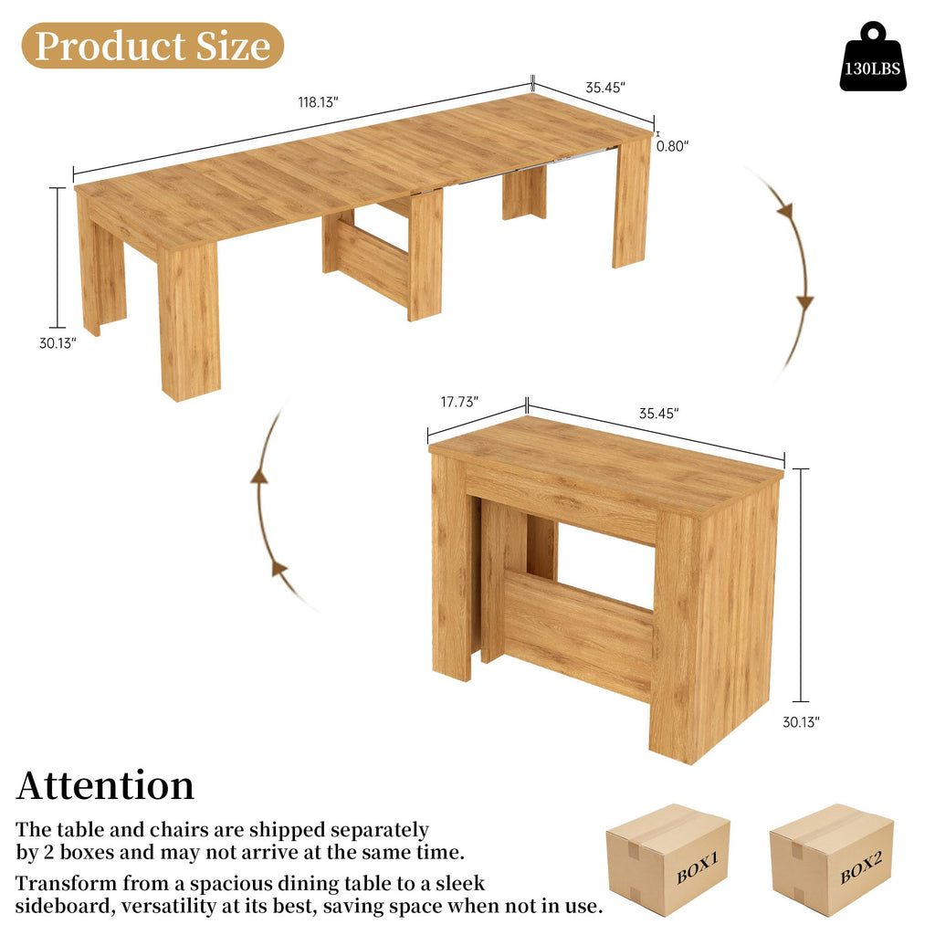17.7"-118" Extendable Dining Table for 2-12 People, Extension Table with Extension Leaves Holder, Space-Saving Extra
