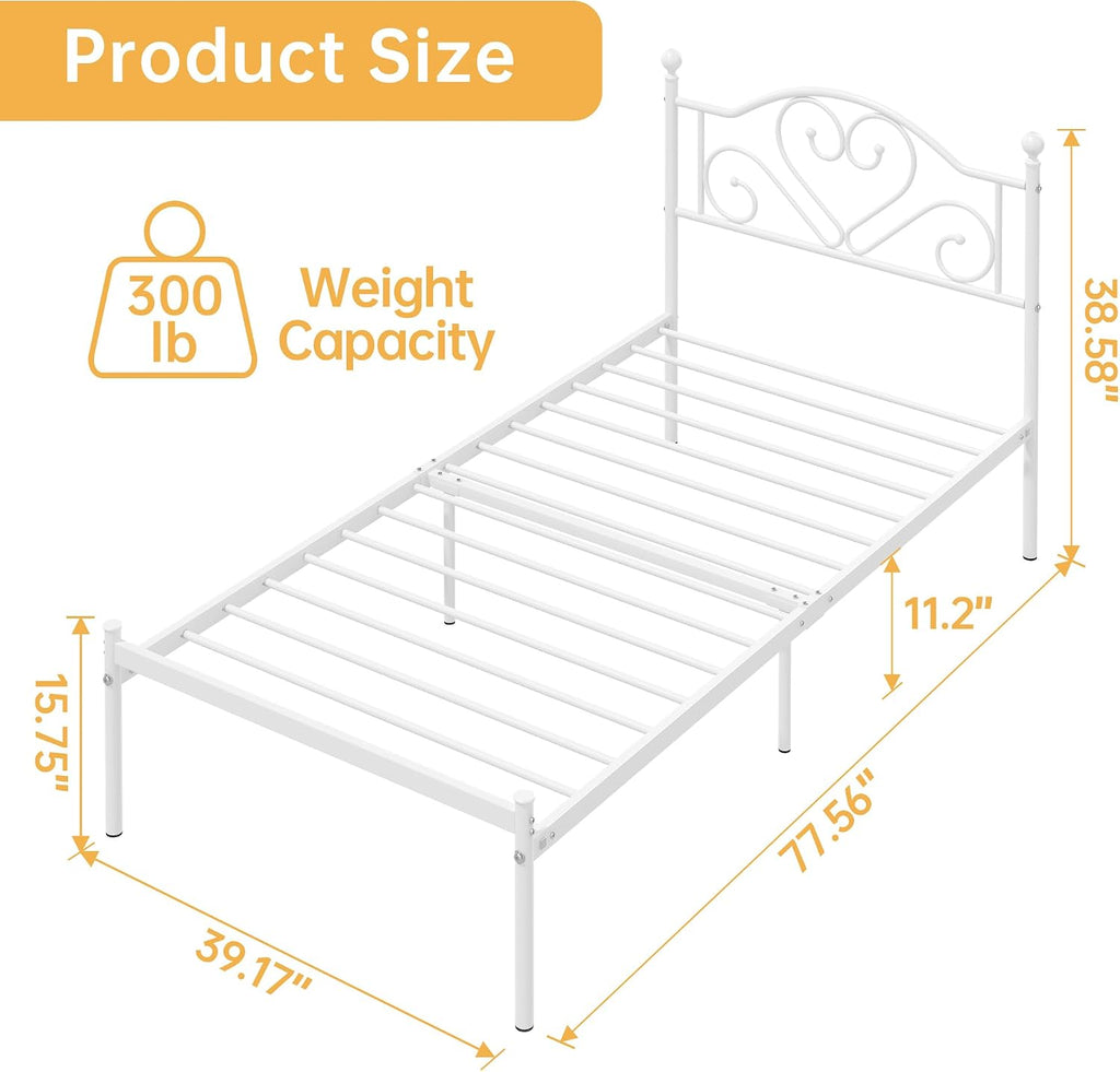 Twin Bed Frames with Headboard, Heavy Duty Metal Platform for Kids Girls | Under Bed Storage Space, Easy Assembly, No