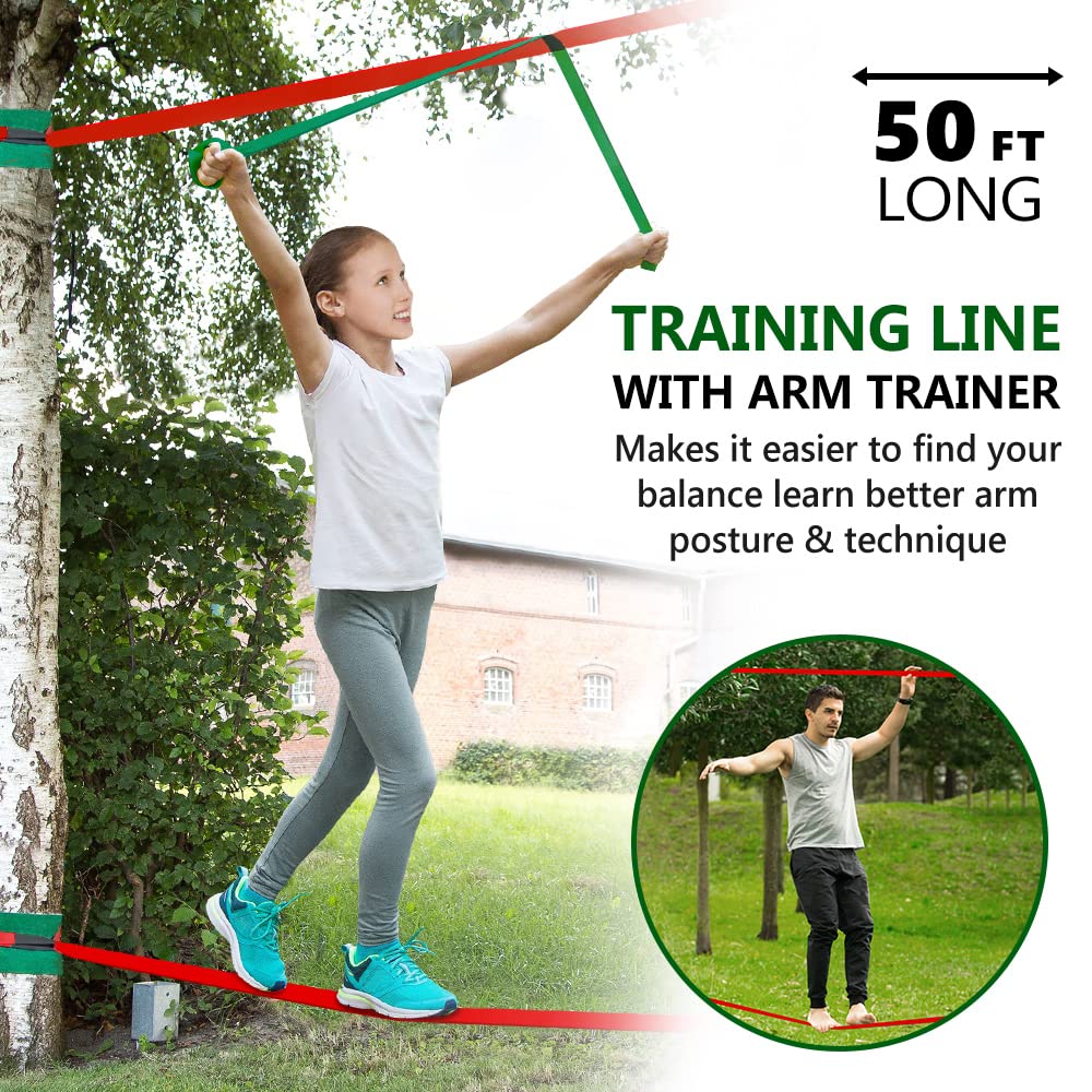 Ninja Warrior Obstacle Course for Kids, 2×50ft Slack Lines for Backyard with 8 Ninja Accessories - Monkey Bar, Rope