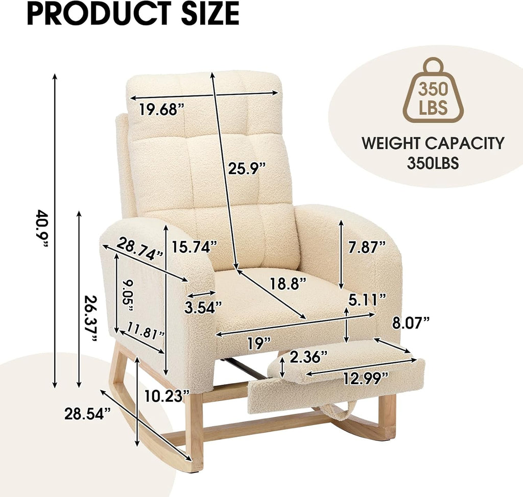 Modern Nursery Rocking Chair, Teddy Upholstered Rocking Chair with Footrest, Comfortable Rocker Glider with Side
