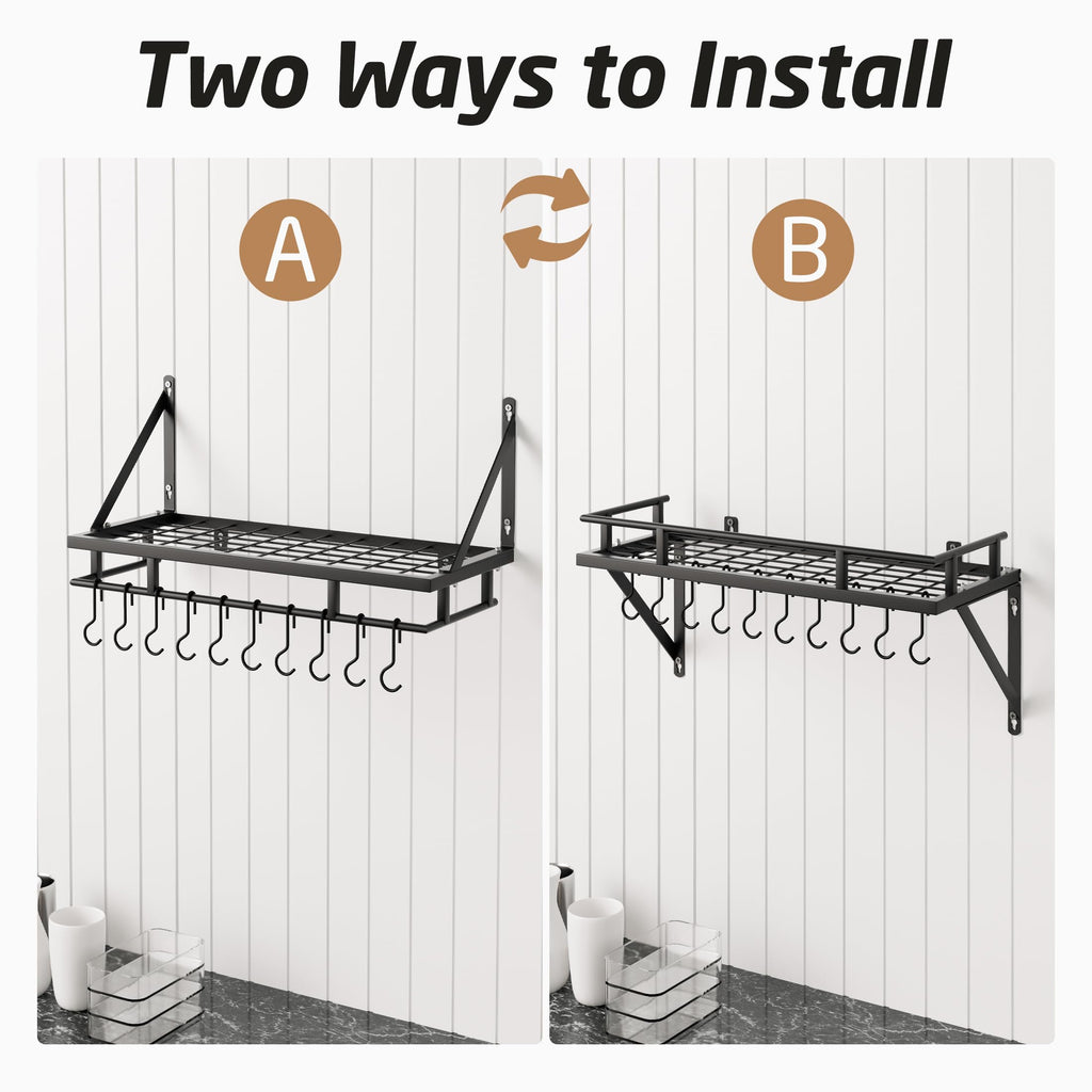 24 Inch Kitchen Pot Pan Rack Wall Mounted, 10 Hooks, Matte Black