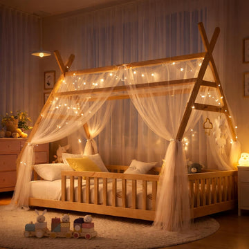 Full Size Montessori Floor Bed with Guardrails and LED Light, Tent-Shaped Full House Bed for Kids, Wood Full Bed