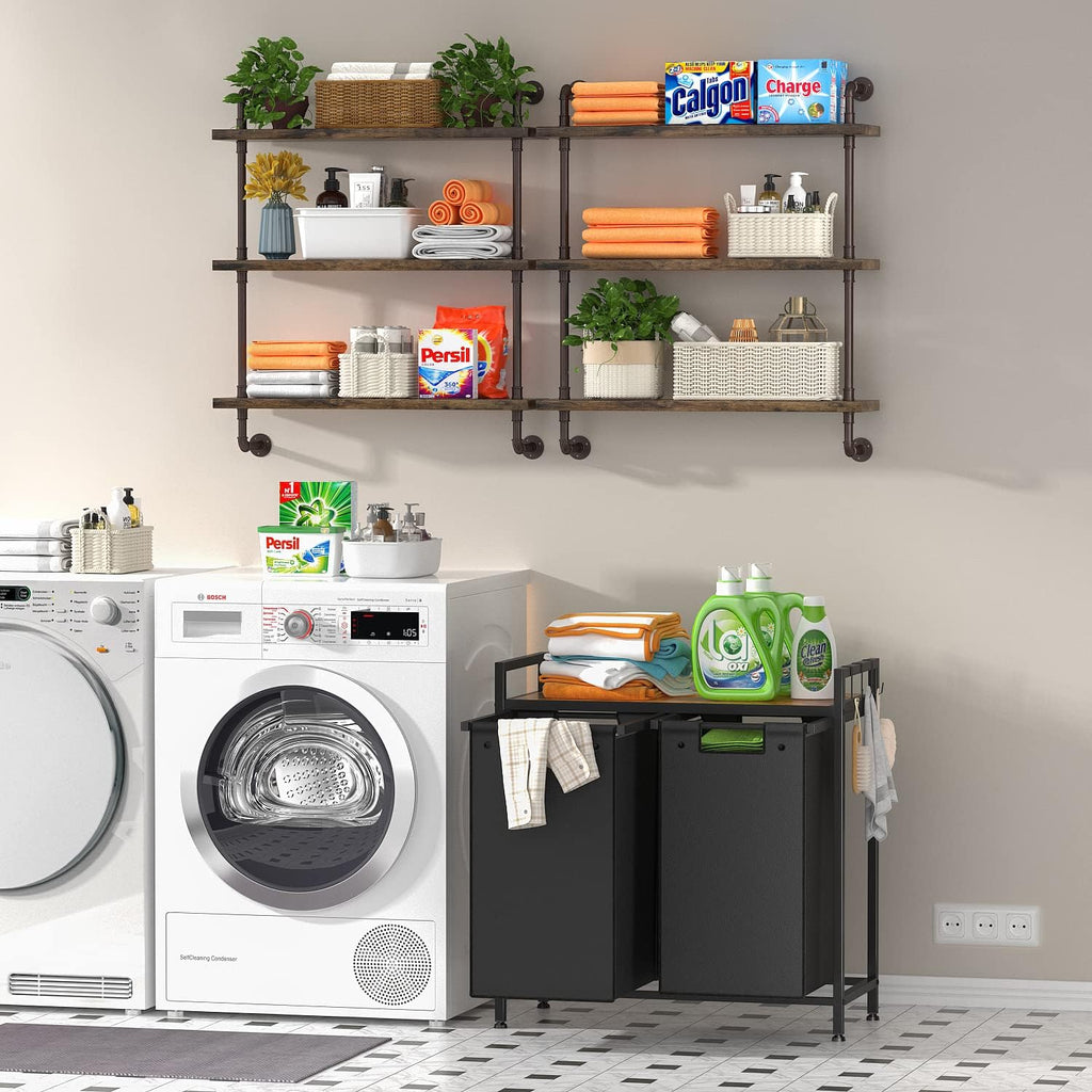 Double Laundry Hamper, Large Portable Laundry Basket, Laundry Sorter with Top Shelf and 2 Bag with Handle for Folding