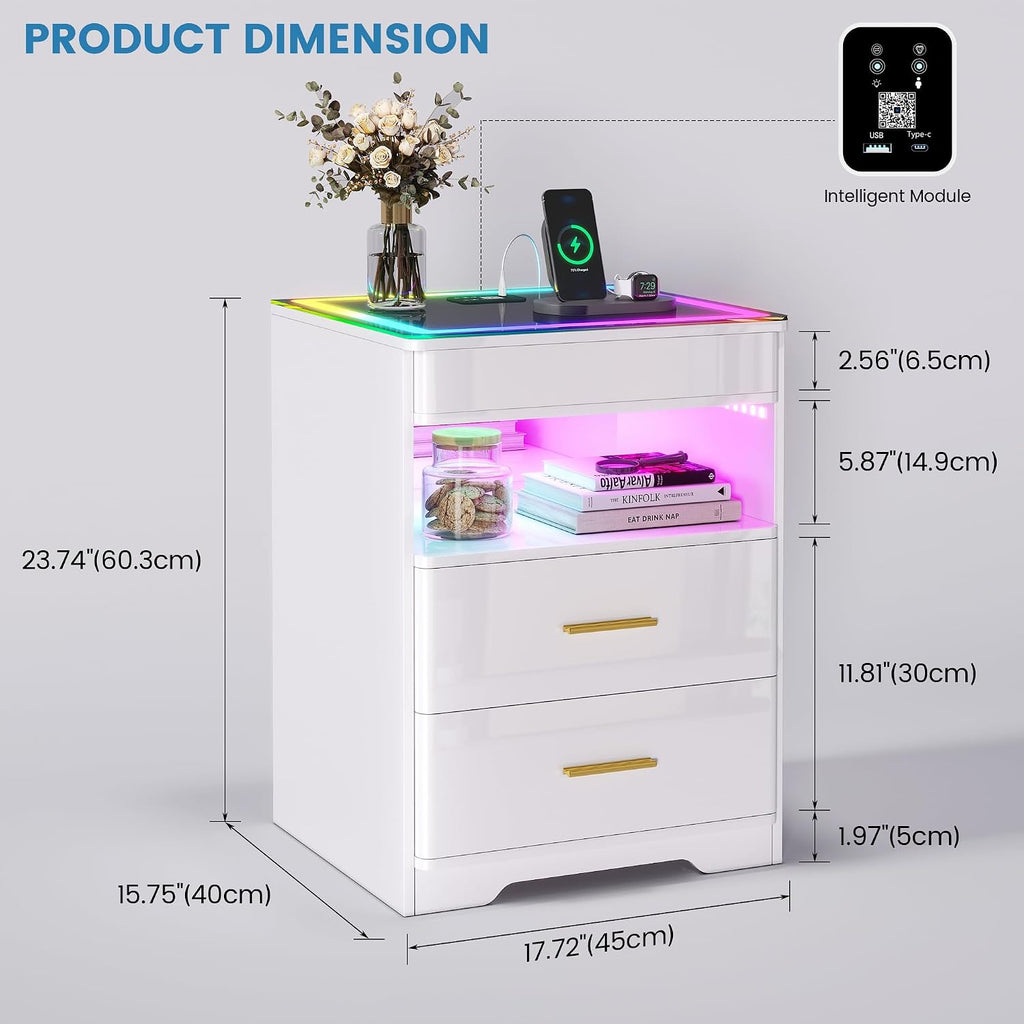 LED Nightstand with RGB Lights - Smart Night Stand with Charging Station, Modern Bedside Table with Tempered Glass
