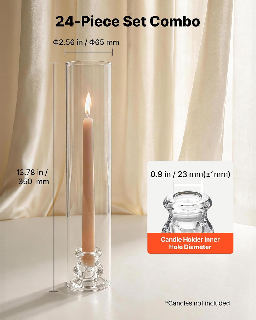 Hurricane Candle Holders Set of 24, Φ2.56 x 13.78 in Tall Clear Glass Cylinder Candleholder Sleeve, High Borosilicate