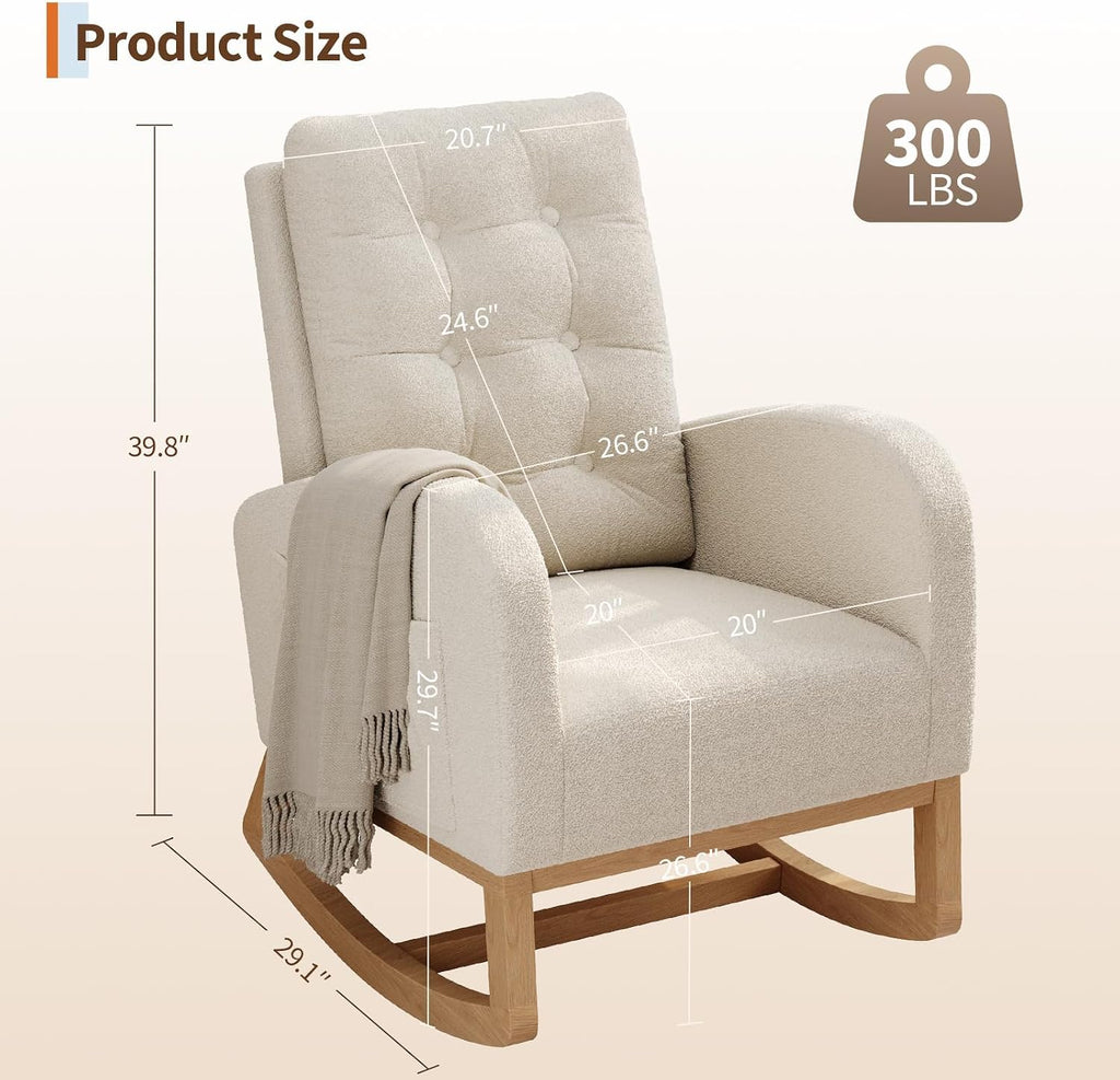 Modern Rocking Chair -Beige | Comfortable Recliner Rocker with Side Pocket, Soft Linen Upholstered Glider Chair