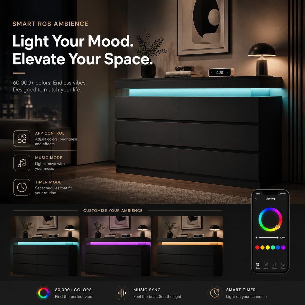 6 Drawer Dresser with LED Lights & Charging Station, Modern Floating Black Dresser , Smart Storage Chest with 2 AC