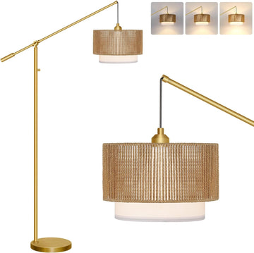 【Upgraded】Arc Floor Lamp, Boho Dimmable Swing Arm Floor Lamp with Rattan & Fabric Shades