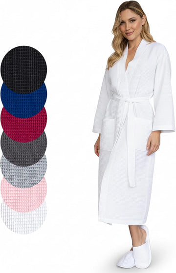 Long Waffle Cotton Robes for Women - Monogram, Lightweight, Soft Kimono Spa Bathrobe with Pockets
