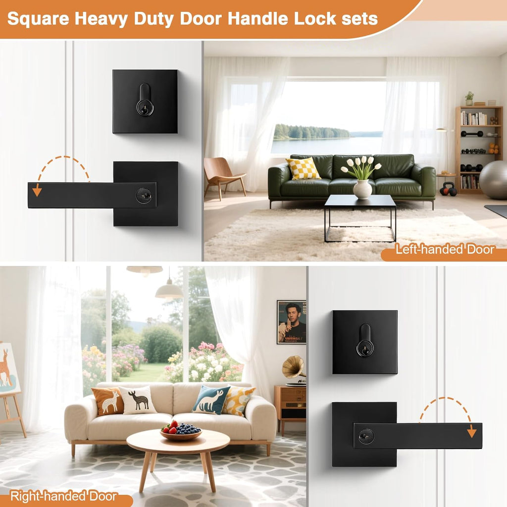 Flat Black Entry Levers Lock Sets and Single Cylinder Deadbolts Keyed Alike Combination Set - Door Lever