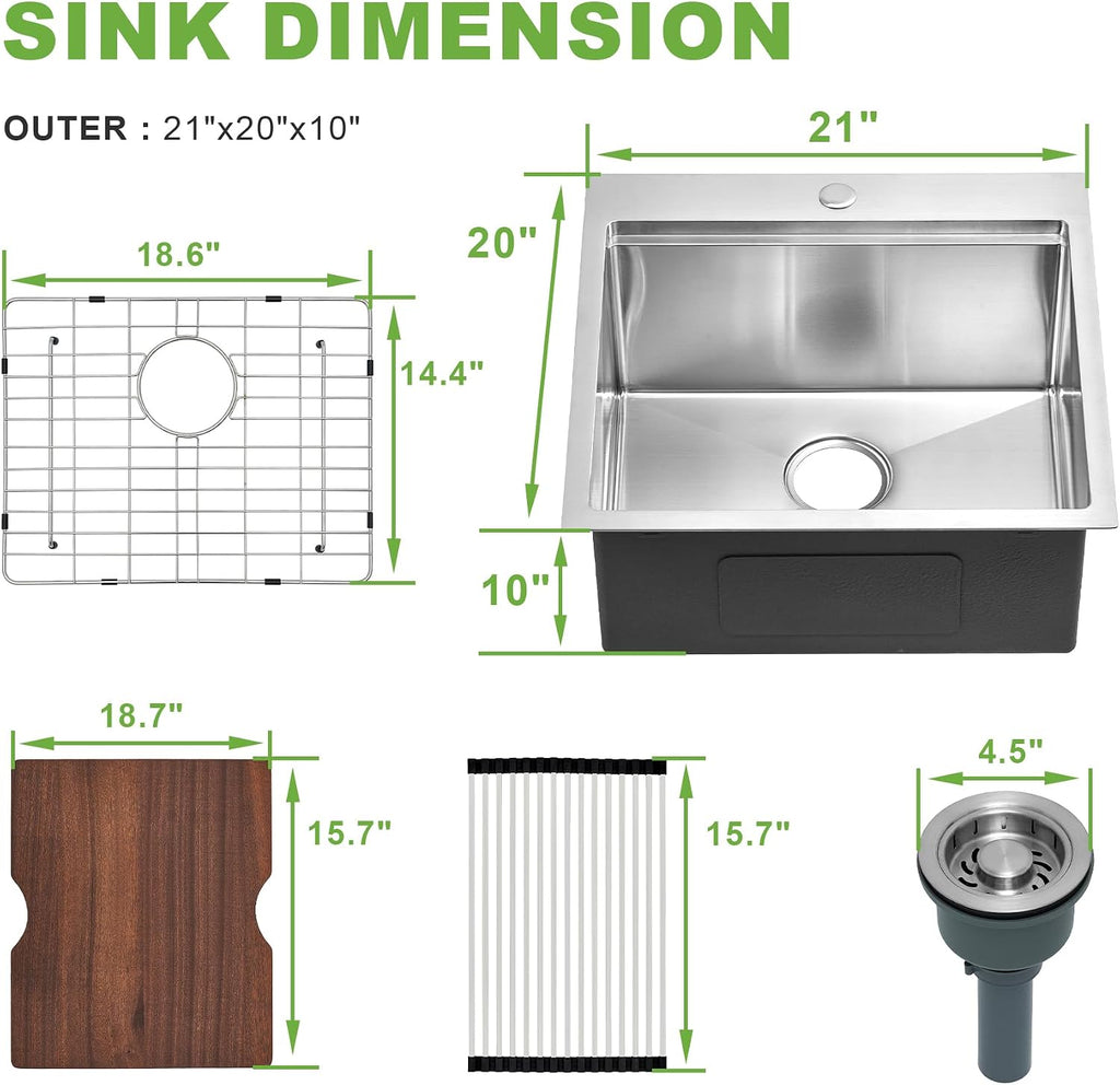 21x20x10 Inch Drop In Kitchen Sink, T304 16-Gauge Stainless Steel Single Bowl, Soundproof Brushed Finish, Includes