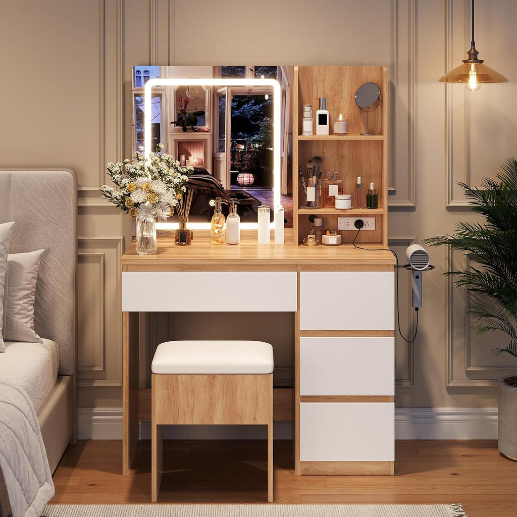 Makeup Vanity Desk with 3-Color LED Lighted Mirror, 4 Drawers & Power Outlet, Vanity Set with Charging Station