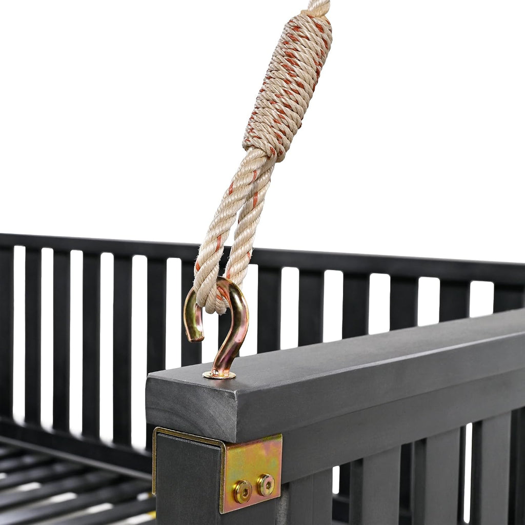 Outdoor Porch Swing Bed, Twin Size Acacia Wood Hanging Daybed with Hemp Ropes, Minimalist Patio Swing Bed for Garden