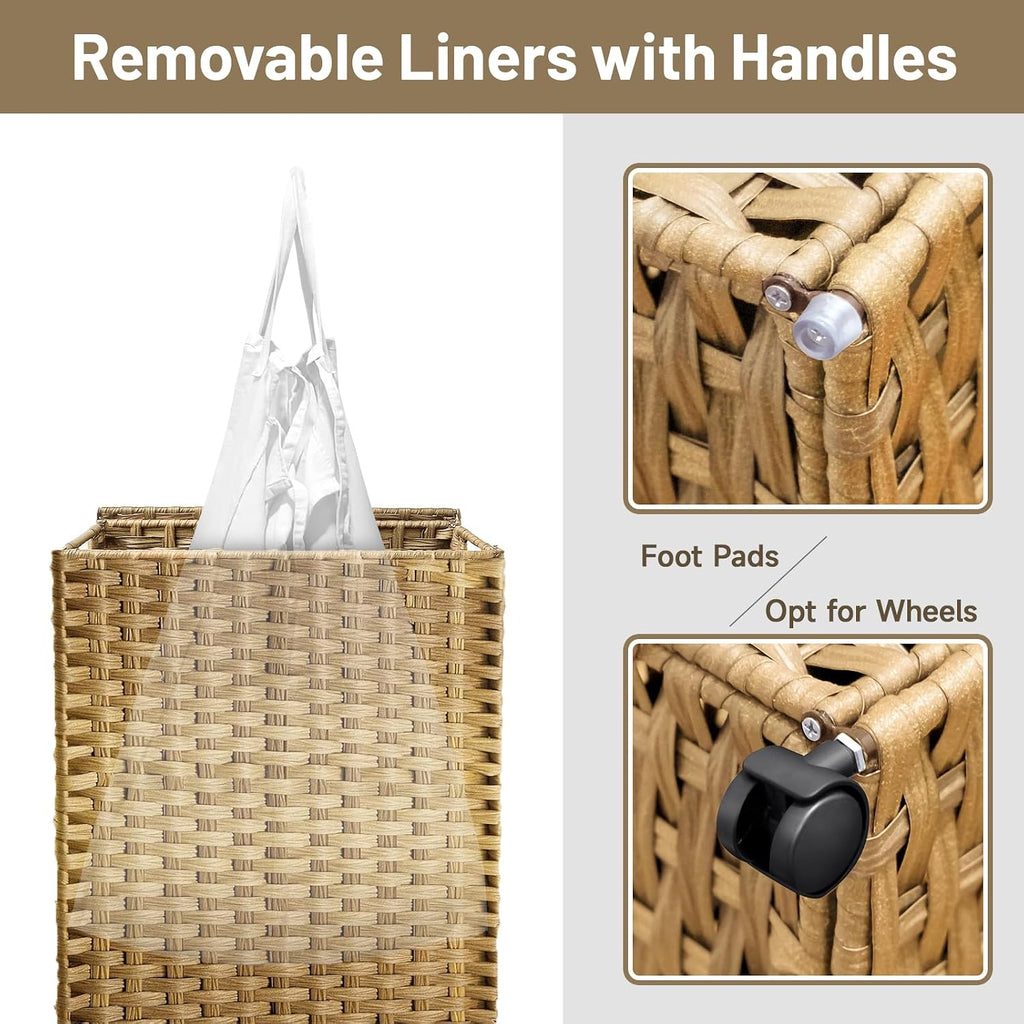 70L Slim Laundry Hamper with Lid & Wheels, Rolling Laundry Basket with 2 Removable Liner Bags & 3 Mesh Bags, Narrow