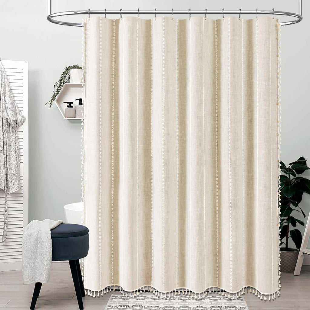 Boho Farmhouse Shower Curtain, Linen Rustic Weighted Striped Cloth Shower Curtain Set with Tassel, Water Repellent
