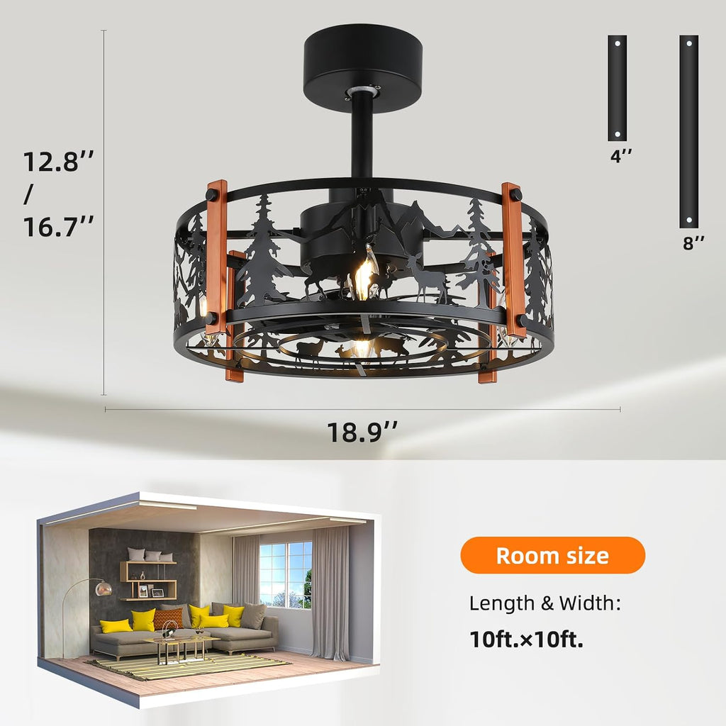 19 inch Caged Ceiling Fans with Lights - Black Farmhouse Ceiling Fan Light with 6 Speeds, Reversible Silent Motor