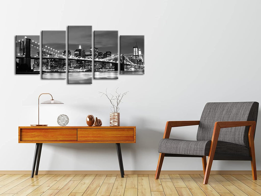 New York Brooklyn Bridge Canvas Wall Art Night View 5 Panels Modern Landscape Artwork Canvas Prints Abstract Pictures - Set of 5