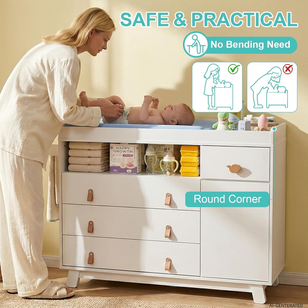 Baby Dresser with Changing Table Top, Baby Changing Table Dresser with 4 Drawers and Adjustable Shelves