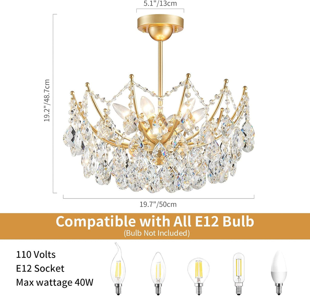 Crystal Chandelier Ceiling Light, Modern Semi Flush Mount Ceiling Light Fixture, Gold Hallway Lighting Fixtures