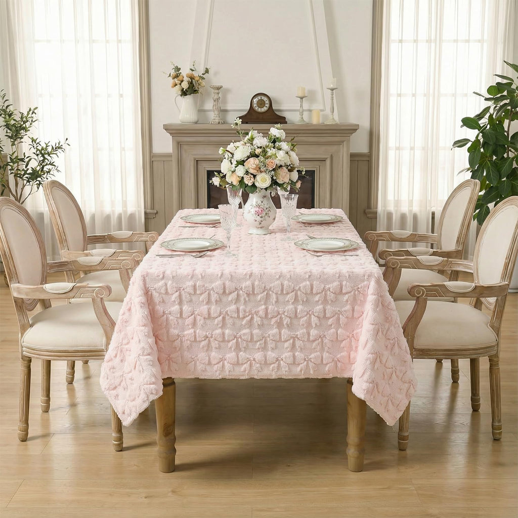 Bow Tablecloth 60×84 Inch Rectangular, Pink Soft Plush Faux Fur Jacquard Bow Table Cover, Seasonal D