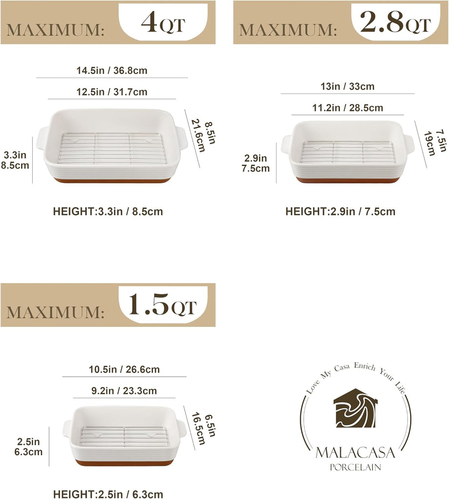 Casserole Dishes for Oven with Roasting Racks, Ceramic Dishes Set of 3, Pan Casserole Dish Set, Rectangular Lasagna