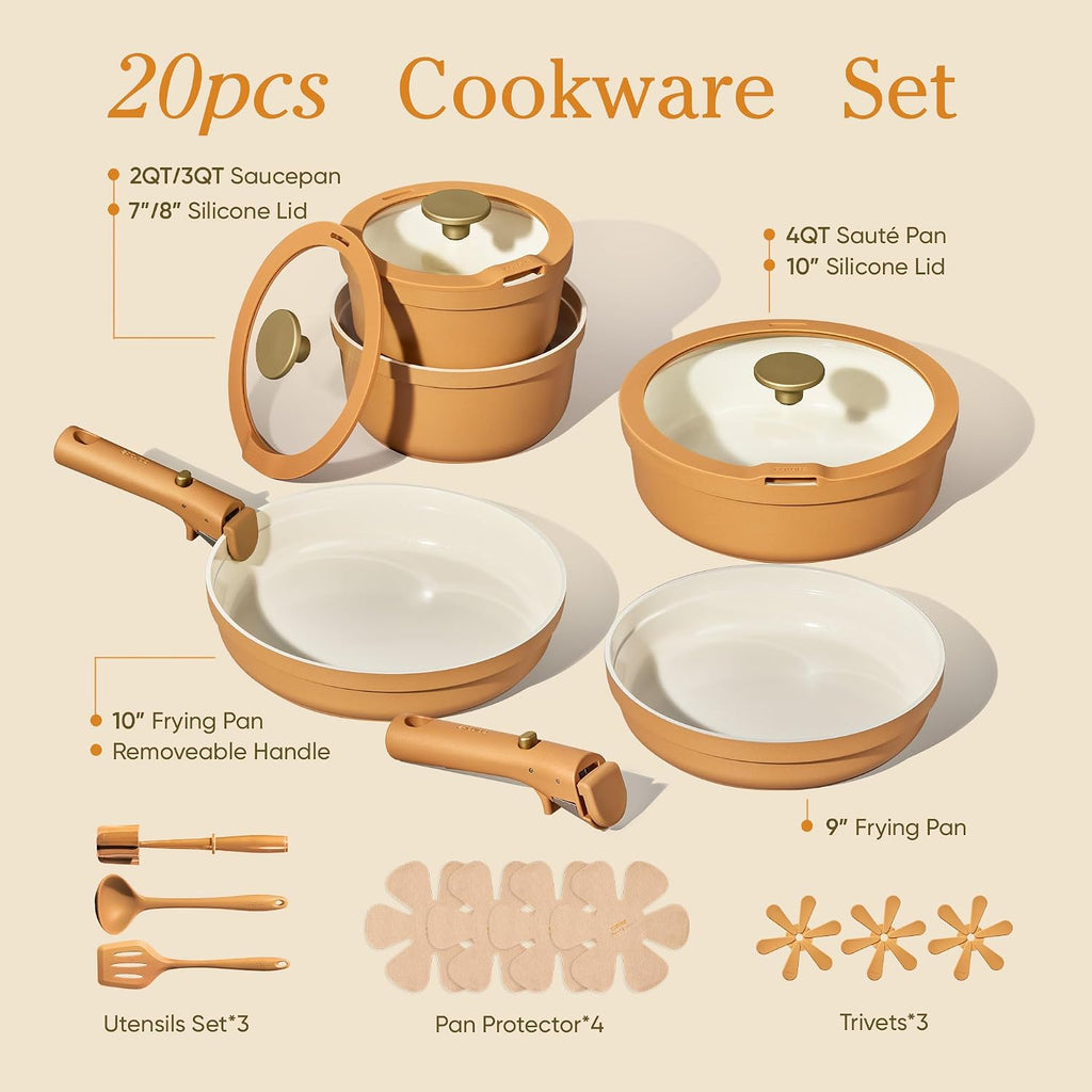 20pcs Ceramic Cookware Set with Detachable Handles, Pots and Pans Set Non Stick, RV Kitchen Cooking Pot and Pan