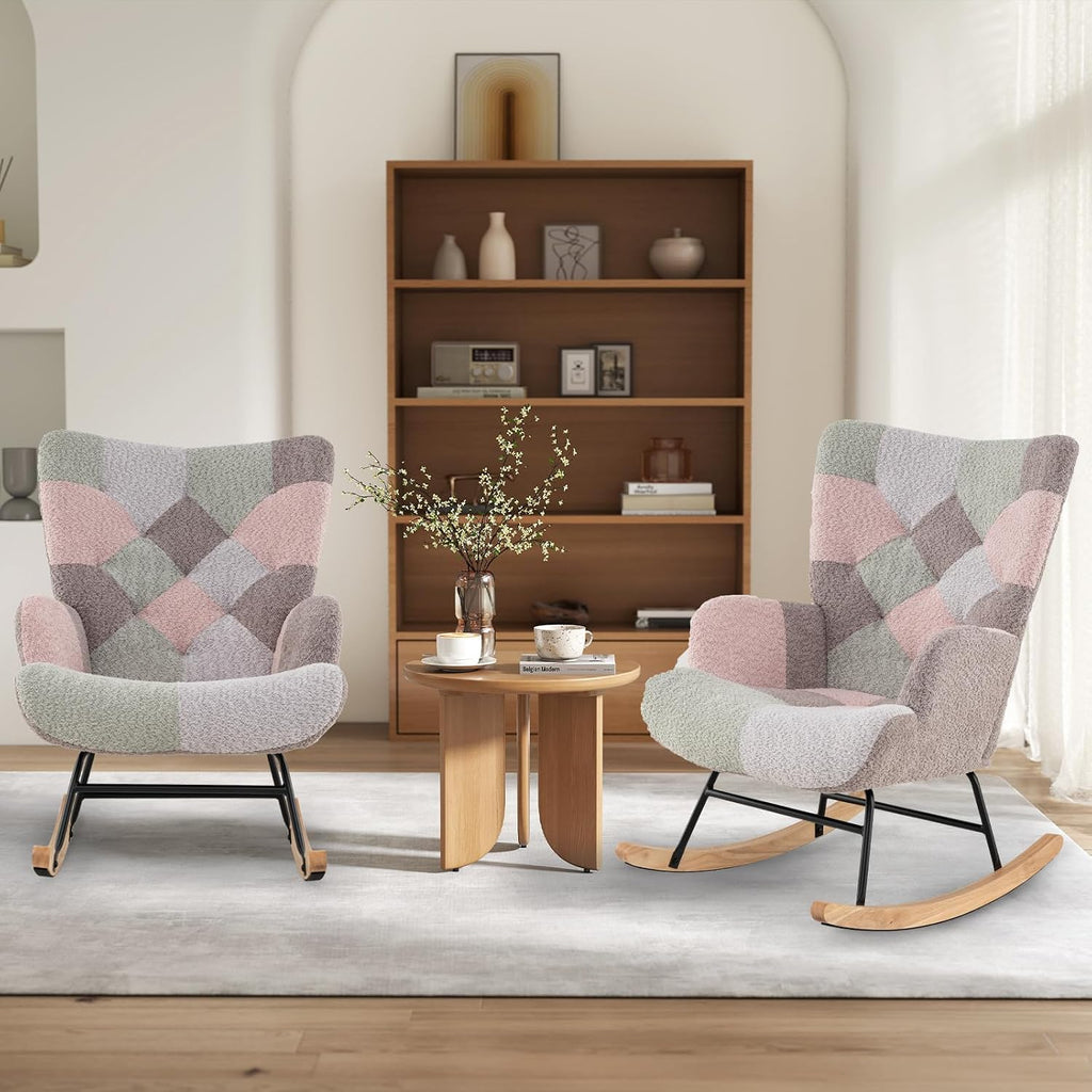 Rocking Chair Nursery, Boucle Upholstered Glider Rocker w/Ergonomic High Backrest, Rubber Wood Legs & Side Pocket