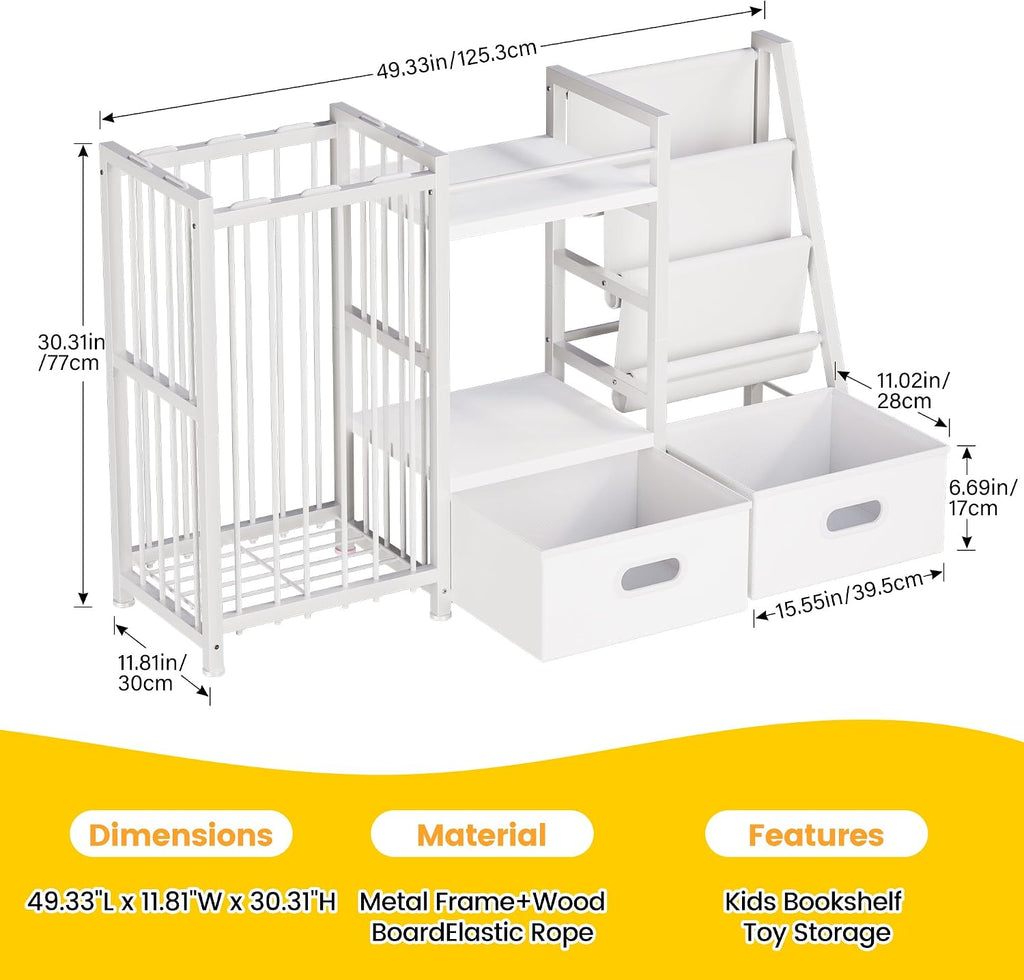 Kids Bookshelf and Toy Storage Organizer with Drawers, 49.3"W×11.8"Dx30.3"H | 3-Tier Book Shelves, 2 Drawers, Stuffed