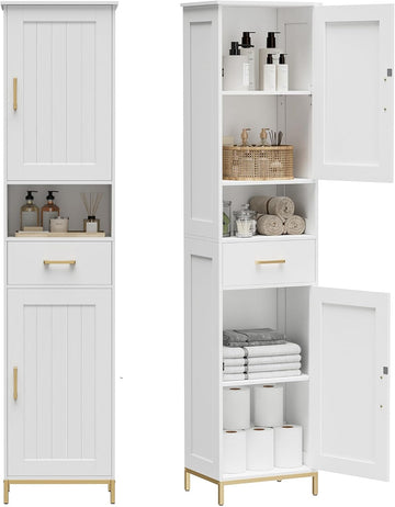 67" H Bathroom Storage Cabinet, Tall Bathroom Cabinet, White | Narrow Cabinet with Doors and Drawer, Adjustable