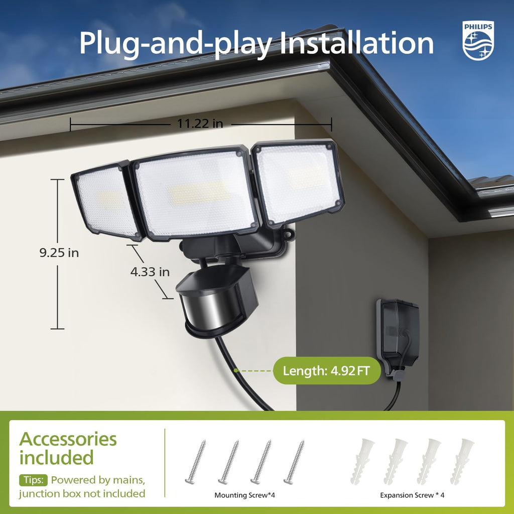 36W Motion Sensor Security Lights Outdoor, 3800 LM LED Dusk to Dawn Plug in Flood Light, 3 Adjustable Heads, 5000K